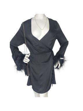 NWT Glamorous Black Satin Feather Wrap Mini Dress Medium | Night Out Luxe
